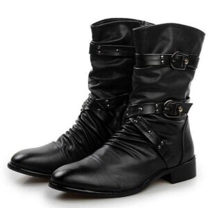 Men's Buckle Straps Ruched Faux Leather Biker Ankle Boots Pointed Toe Boots