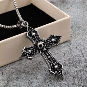 Men's Punk Antiqued Skull Cross Necklace