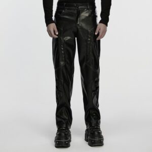 Men's Cyberpunk Eyelet Strap Zip Faux Leather Pants