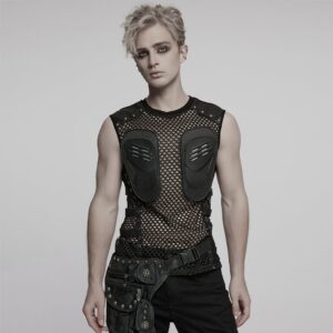 Men's Cyberpunk Faux Leather Splice  Mesh Sheer Vest