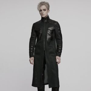 Men's Cyberpunk Stand Collar Mesh Splice Faux Leather Coat