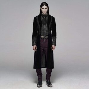 Men's Goth Victorian Front Zipper Floral Velvet Long Jacket