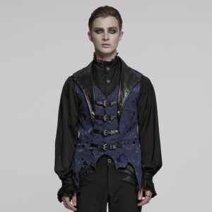 Men's Gothic Buckle Batlike Jacquard Vest Blue
