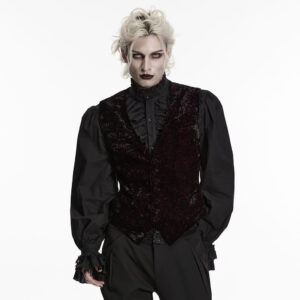 Men's Gothic Buckle-up Strap Retro Velvet Waistcoat Black-Red