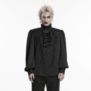 Men's Gothic Embroidered Stand Collar Shirt with Detachable Tie Black