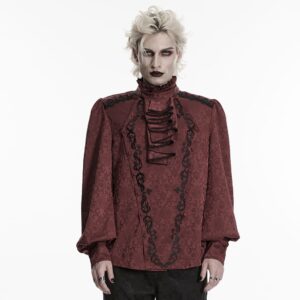 Men's Gothic Embroidered Stand Collar Shirt with Detachable Tie Red
