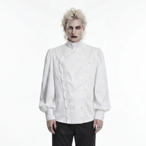 Men's Gothic Embroidered Stand Collar Shirt with Detachable Tie White