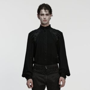 Men's Gothic Floral Decal Stand Collar Lantern Sleeved Shirt Black