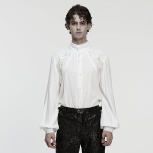 Men's Gothic Floral Decal Stand Collar Lantern Sleeved Shirt White