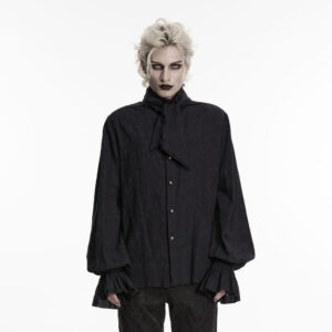 Men's Gothic Jacquard Bishop Sleeved Shirt with Detachable Tie Black