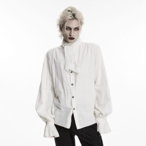 Men's Gothic Jacquard Bishop Sleeved Shirt with Detachable Tie White