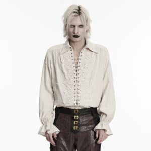 Men's Gothic Lace-up Distressed Turn-down Collar Shirt White