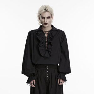 Men's Gothic Lace-up Ruffled Bishop Sleeved Shirt Black