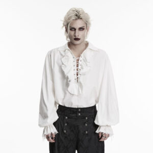 Men's Gothic Lace-up Ruffled Bishop Sleeved Shirt White