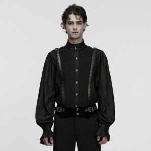 Men's Gothic Ruched Stand Collar Puff Sleeved Shirt