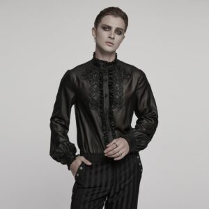 Men's Gothic Ruffled Stand Collar Embroidered Sheer Shirt Black