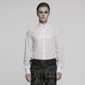 Men's Gothic Ruffled Stand Collar Embroidered Sheer Shirt White