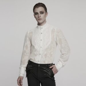 Men's Gothic Stand Collar Embroidered Sheer Chiffon Shirt White
