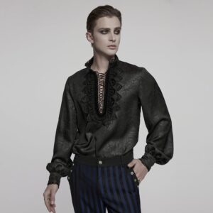 Men's Gothic Stand Collar Plunging Rose Shirt Black
