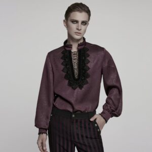 Men's Gothic Stand Collar Plunging Rose Shirt Red