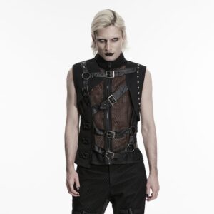Men's Punk Asymmetric Buckle Straps Mesh Splice Vest