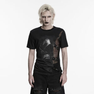 Men's Punk Asymmetric Buckle-up Straps Printed Shirt