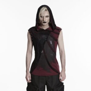 Men's Punk Asymmetric Printed Hooded Tank Top Black-Red